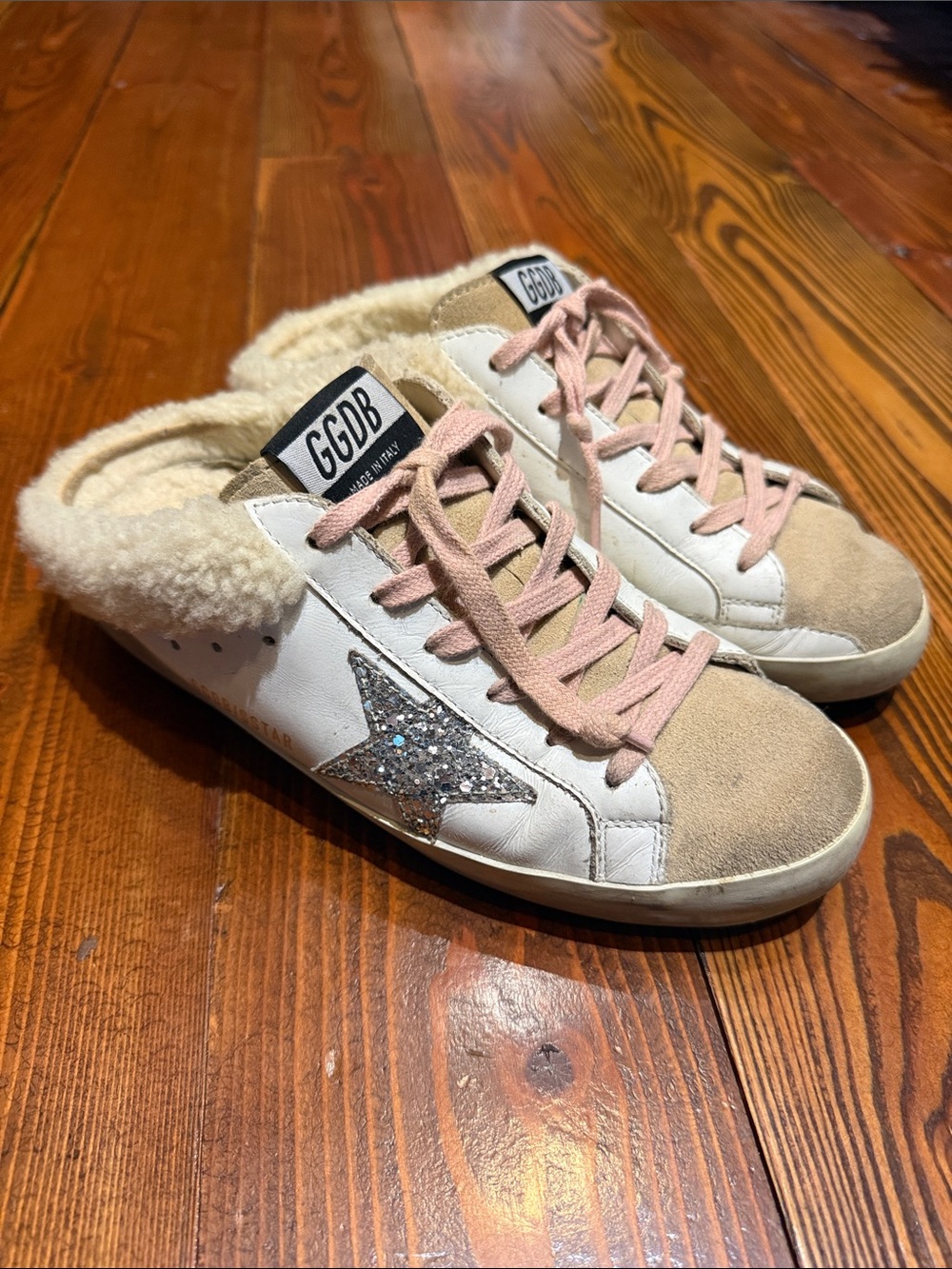 Golden Goose Mule Sneaker in White, Tan & Pink with Glitter Star